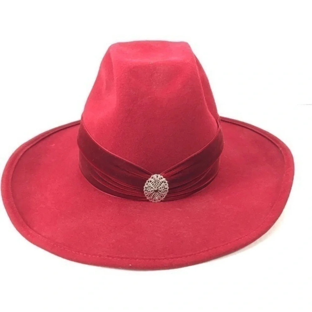 Nancy Hughes Hat She’s A Lady Western Red Wool Felt Velveteen Band & Bow  6.3/4